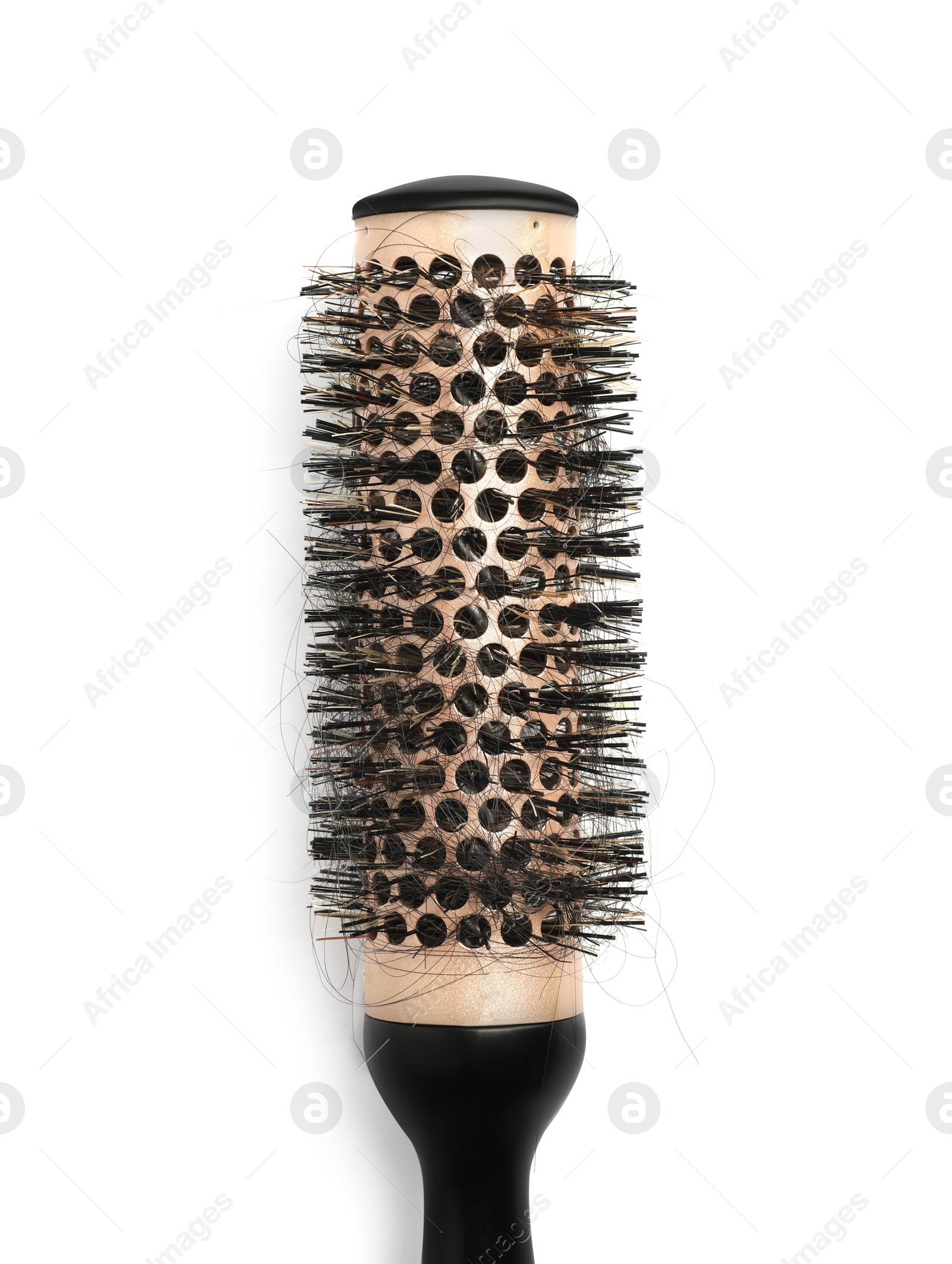 Photo of Professional brush with lost hair on white background, top view