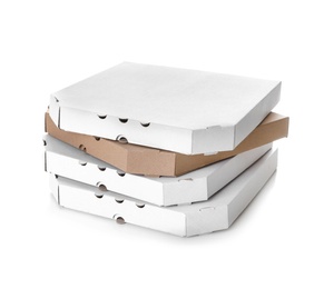 Photo of Stack of cardboard pizza boxes on white background. Mockup for design