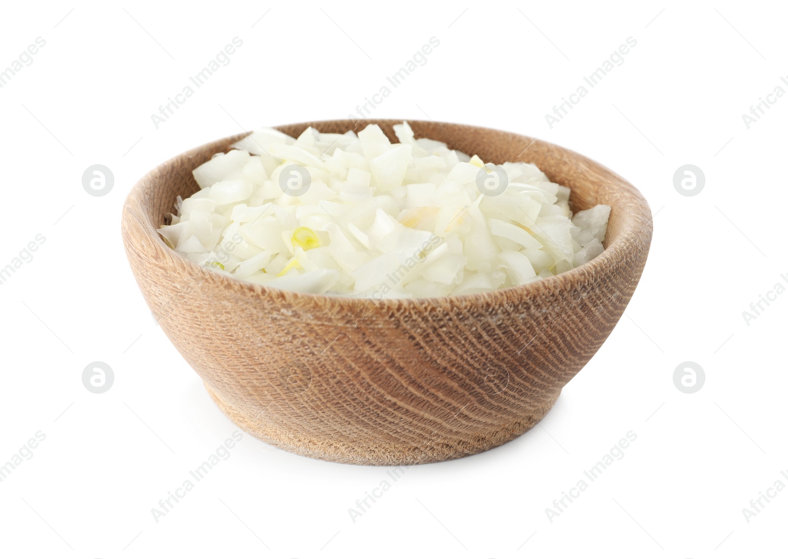 Photo of Chopped onion in wooden bowl isolated on white