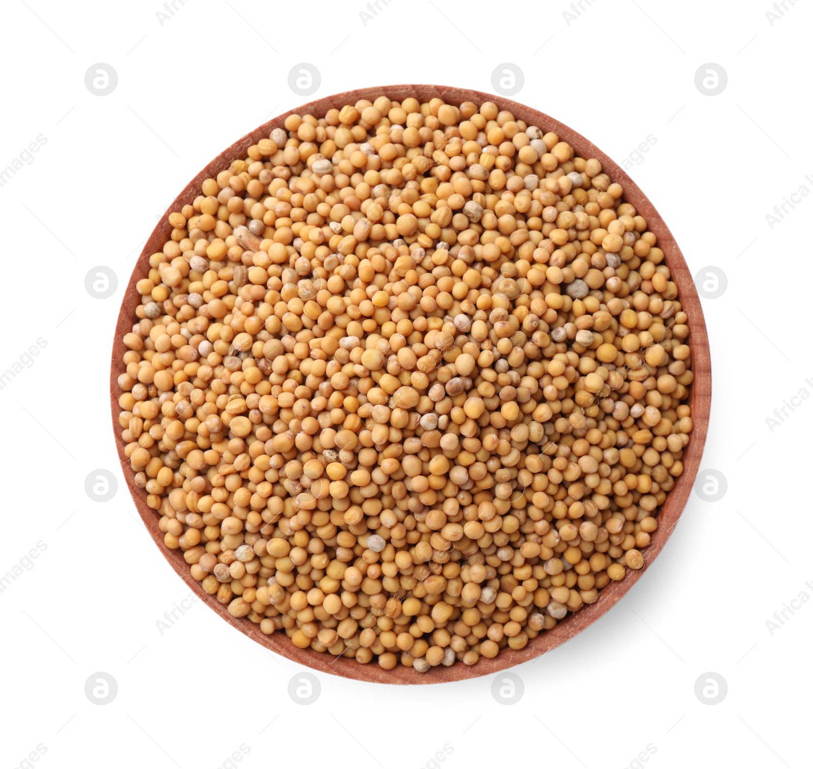 Photo of Bowl with mustard seeds isolated on white, top view