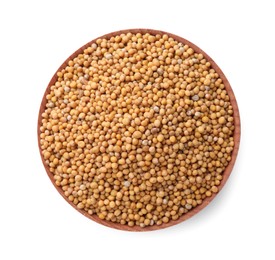 Photo of Bowl with mustard seeds isolated on white, top view