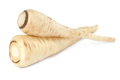 Photo of Tasty fresh ripe parsnips on white background