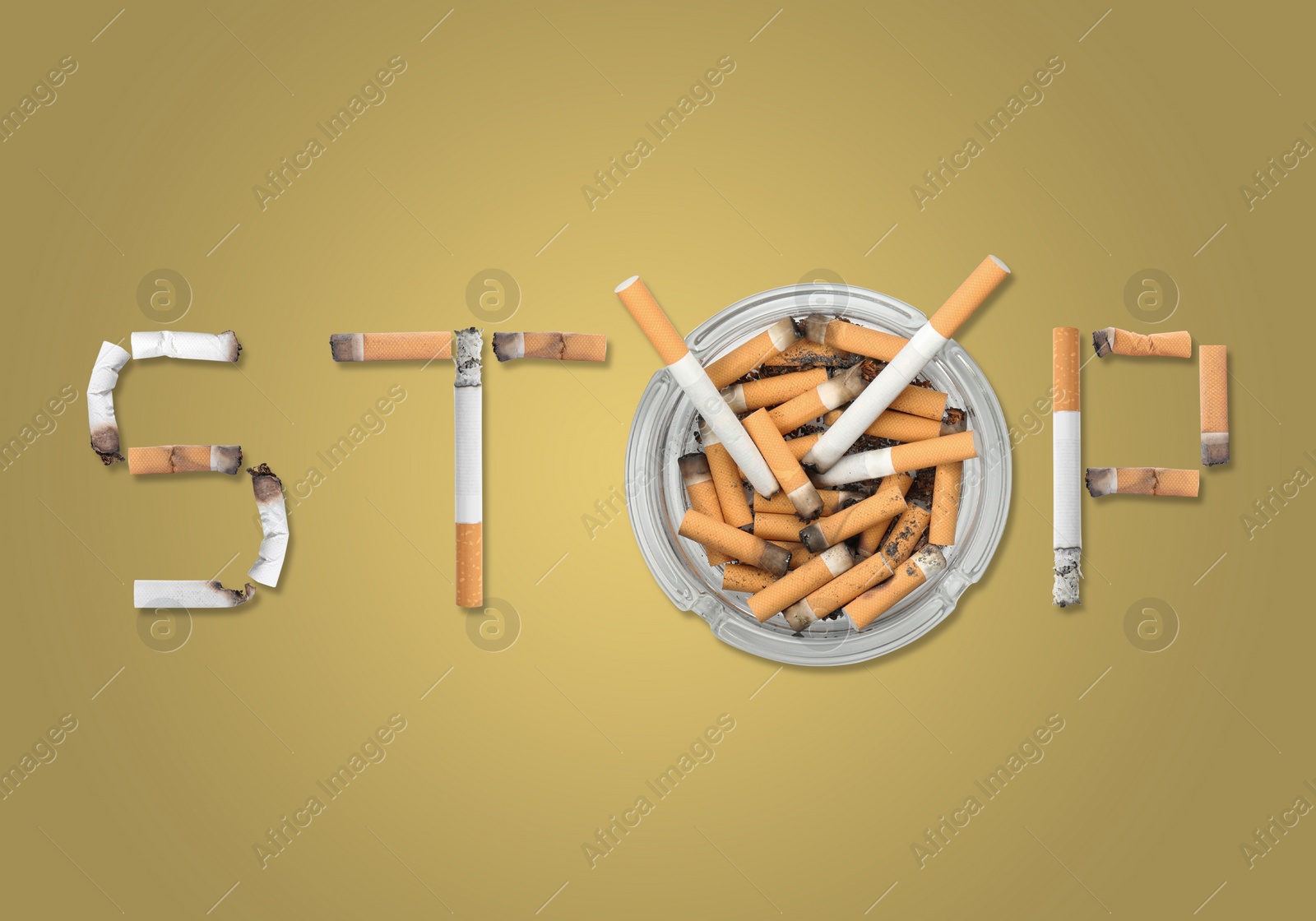 Image of Quitting smoking concept. Word Stop made of burnt cigarettes and glass ashtray on pale yellow background, flat lay