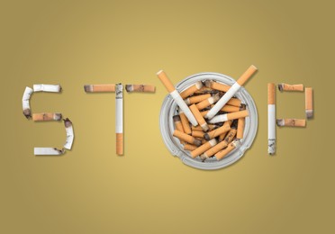 Image of Quitting smoking concept. Word Stop made of burnt cigarettes and glass ashtray on pale yellow background, flat lay