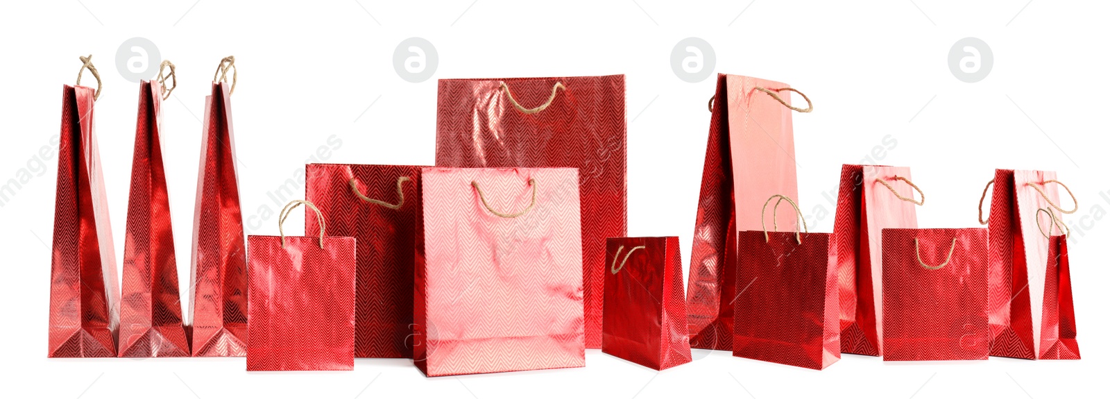 Image of Set of paper shopping bags on white background. Banner design