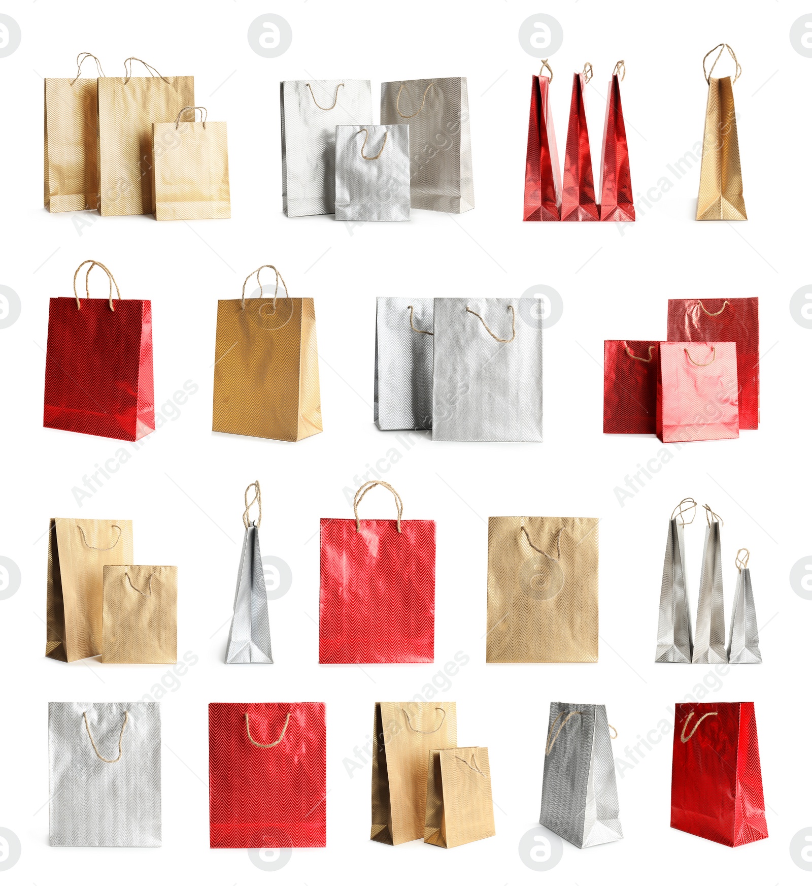 Image of Set of paper shopping bags on white background