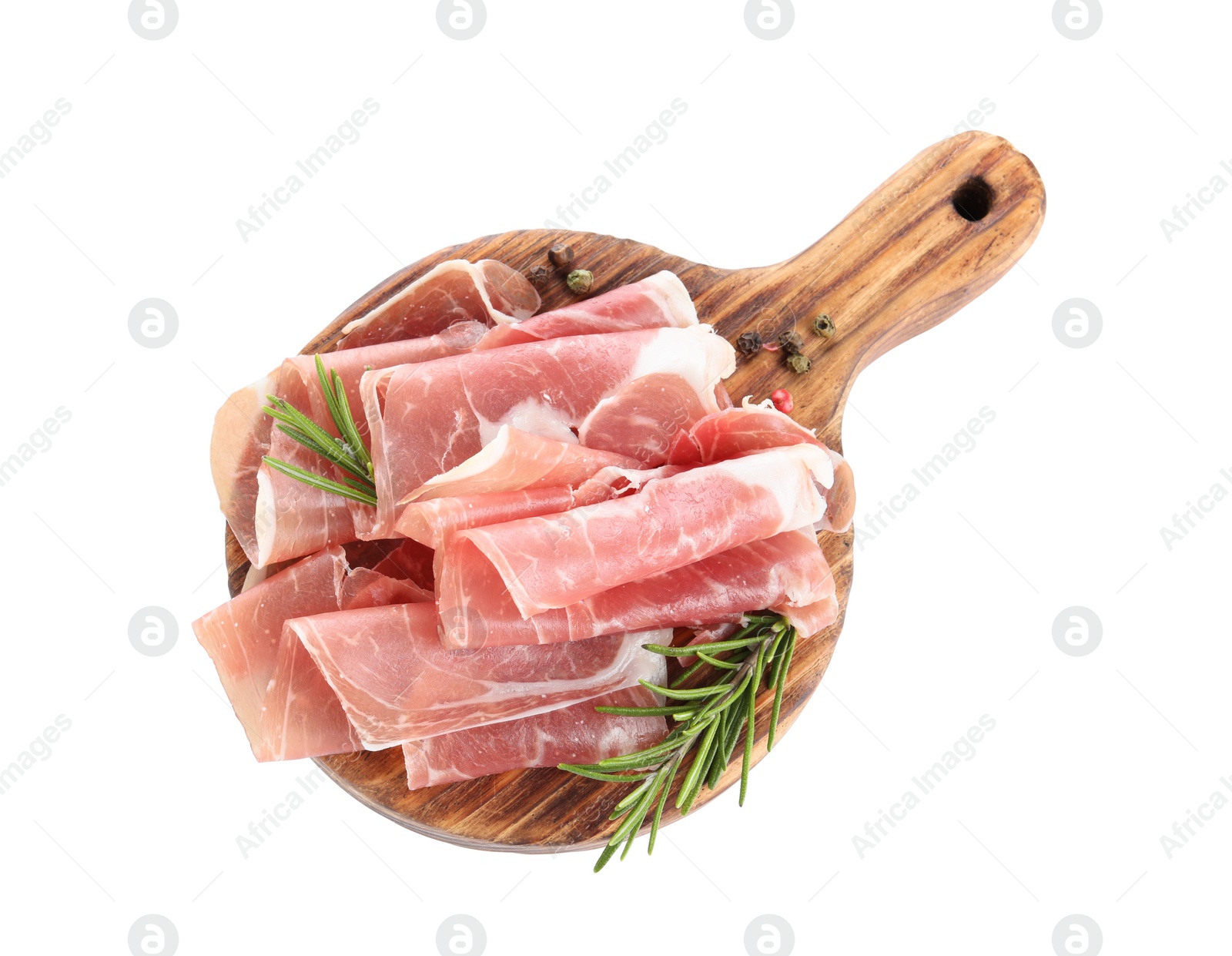 Photo of Wooden board with tasty prosciutto on white background, top view