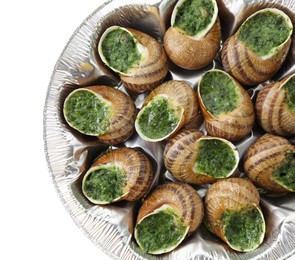 Photo of Delicious cooked snails isolated on white, top view