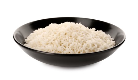 Photo of Plate with delicious rice isolated on white