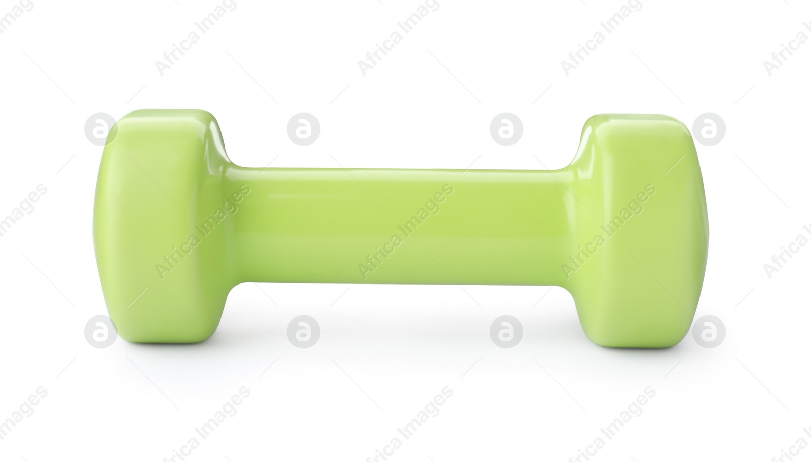 Photo of Light green dumbbell isolated on white. Weight training equipment