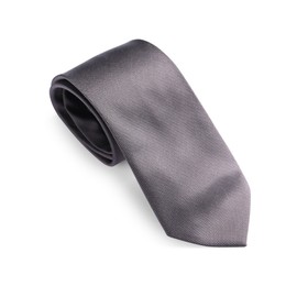 Photo of One grey necktie isolated on white, above view