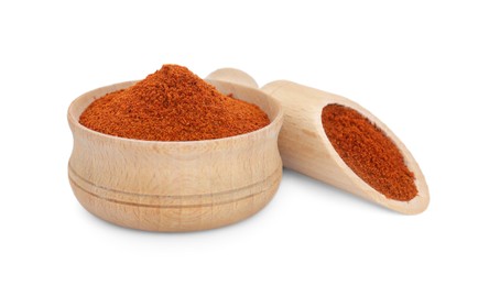 Photo of Scoop and bowl with aromatic paprika isolated on white