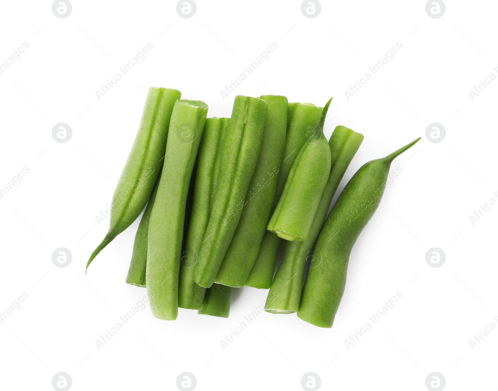 Photo of Fresh green beans on white background, top view