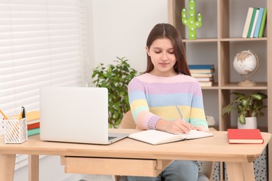 Photo of Cute girl writing in notepad near laptop at desk in room. Home workplace