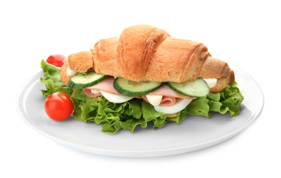 Photo of Tasty croissant sandwich with sausage on white background