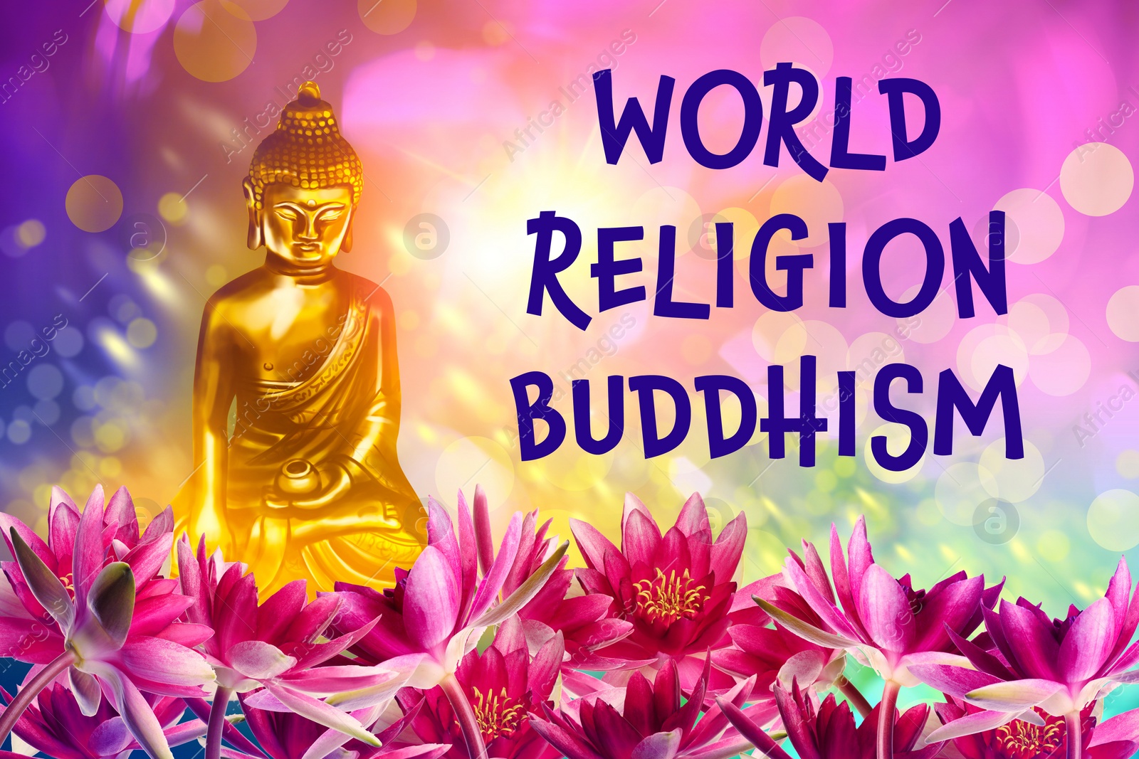 Image of Buddha figure among lotus flowers and text World Religion Buddhism on bright background
