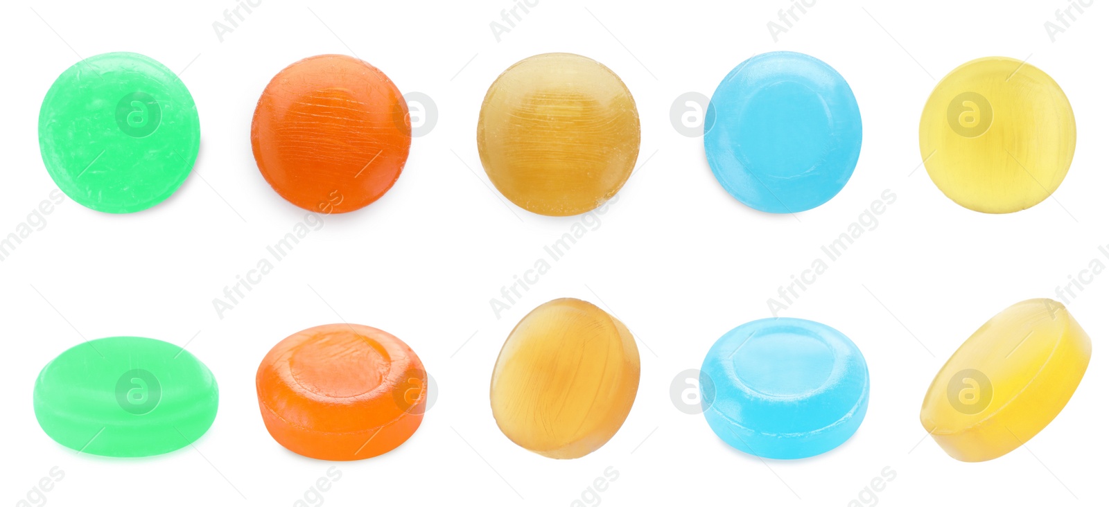 Image of Set with different cough drops on white background. Banner design