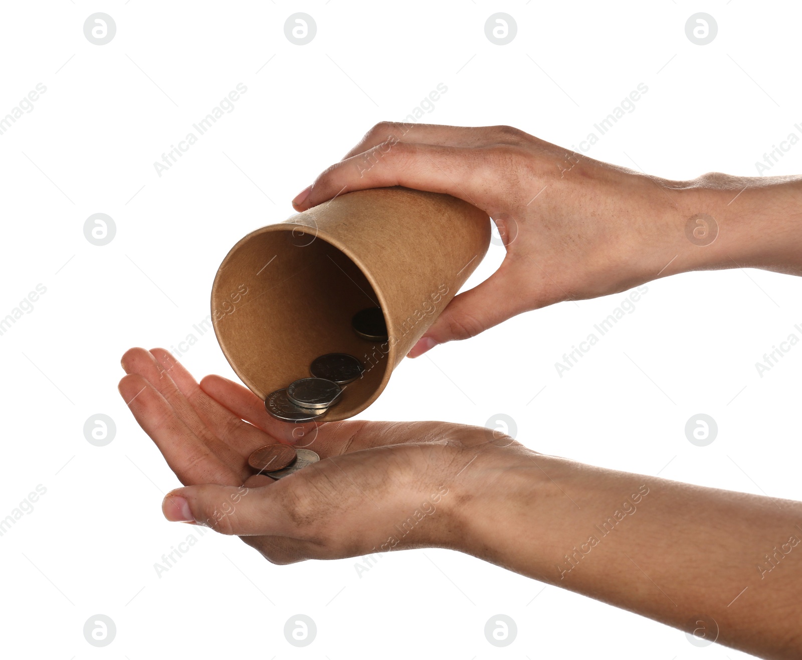 Photo of Poor woman holding cup with coins on white background, closeup