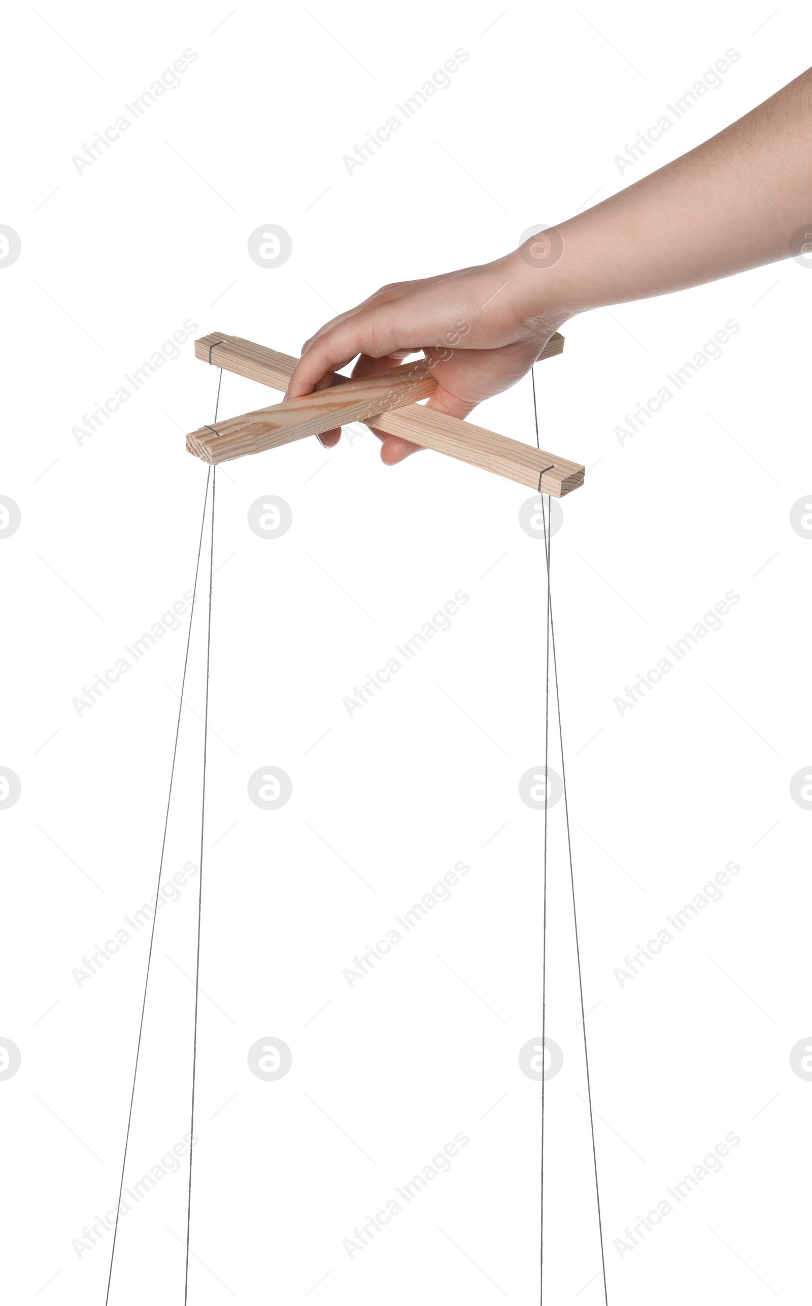 Photo of Woman pulling strings of puppet on white background, closeup