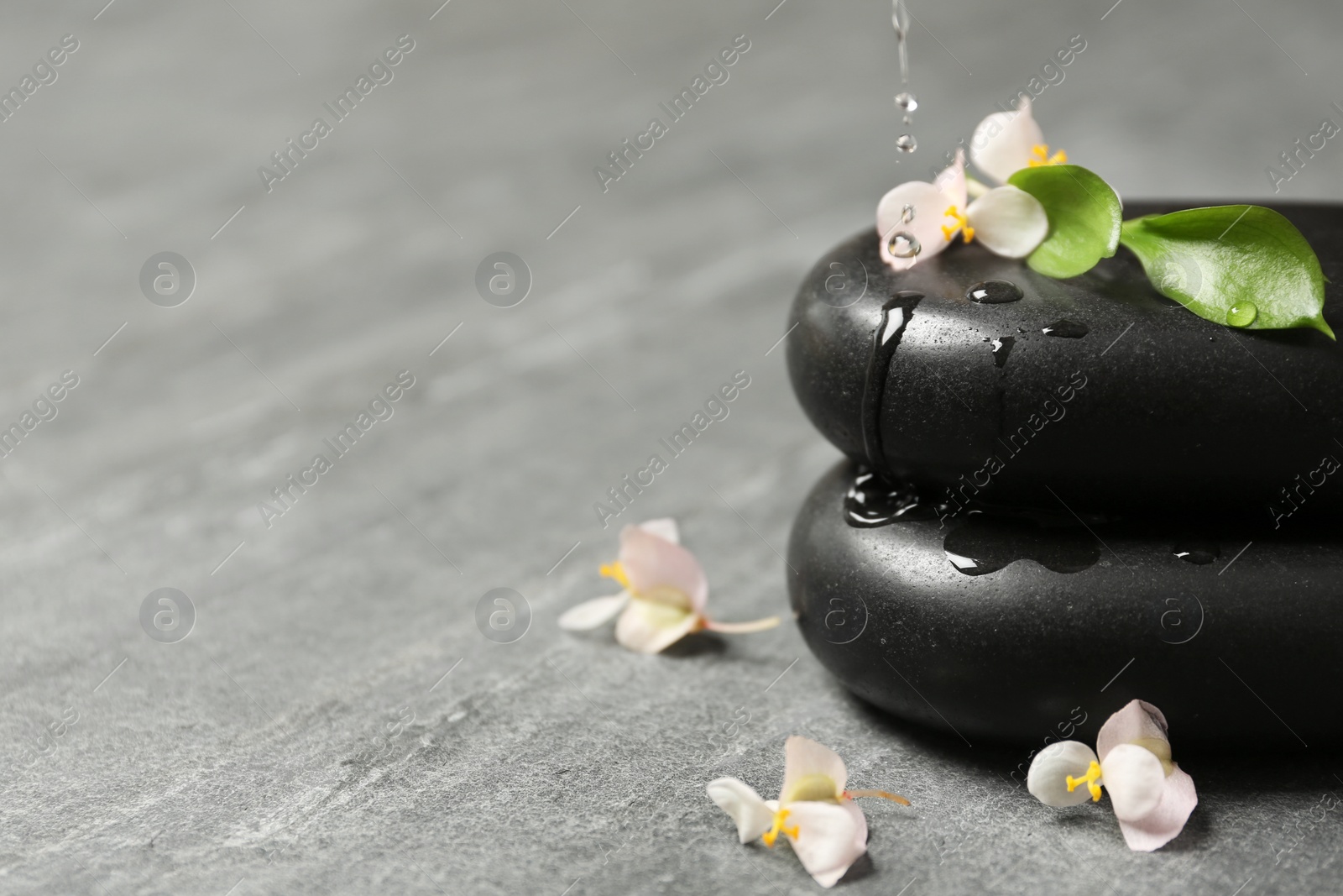 Photo of Pouring water onto spa stones with flowers and leaves on table. Space for text