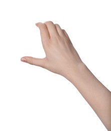 Woman holding something against white background, closeup