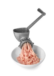 Photo of Metal meat grinder with chicken mince and bowl isolated on white