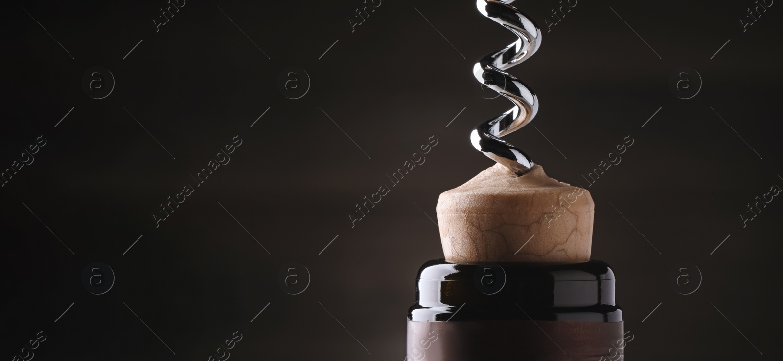 Image of Opening wine bottle with corkscrew on dark background, space for text. Banner design