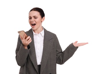 Photo of Beautiful emotional businesswoman using smartphone on white background