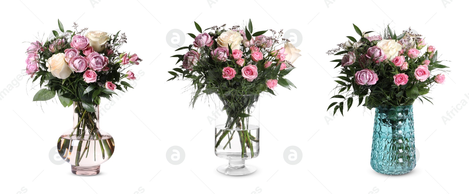 Image of Collage of stylish vases with beautiful bouquets on light background. Banner design