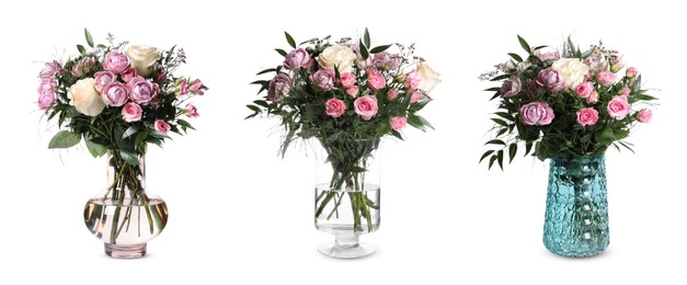 Collage of stylish vases with beautiful bouquets on light background. Banner design