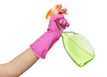 Image of Woman holding spray bottle with detergent on white background, closeup