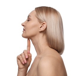 Photo of Beautiful woman touching her neck on white background