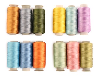 Photo of Set of colorful sewing threads on white background, top view