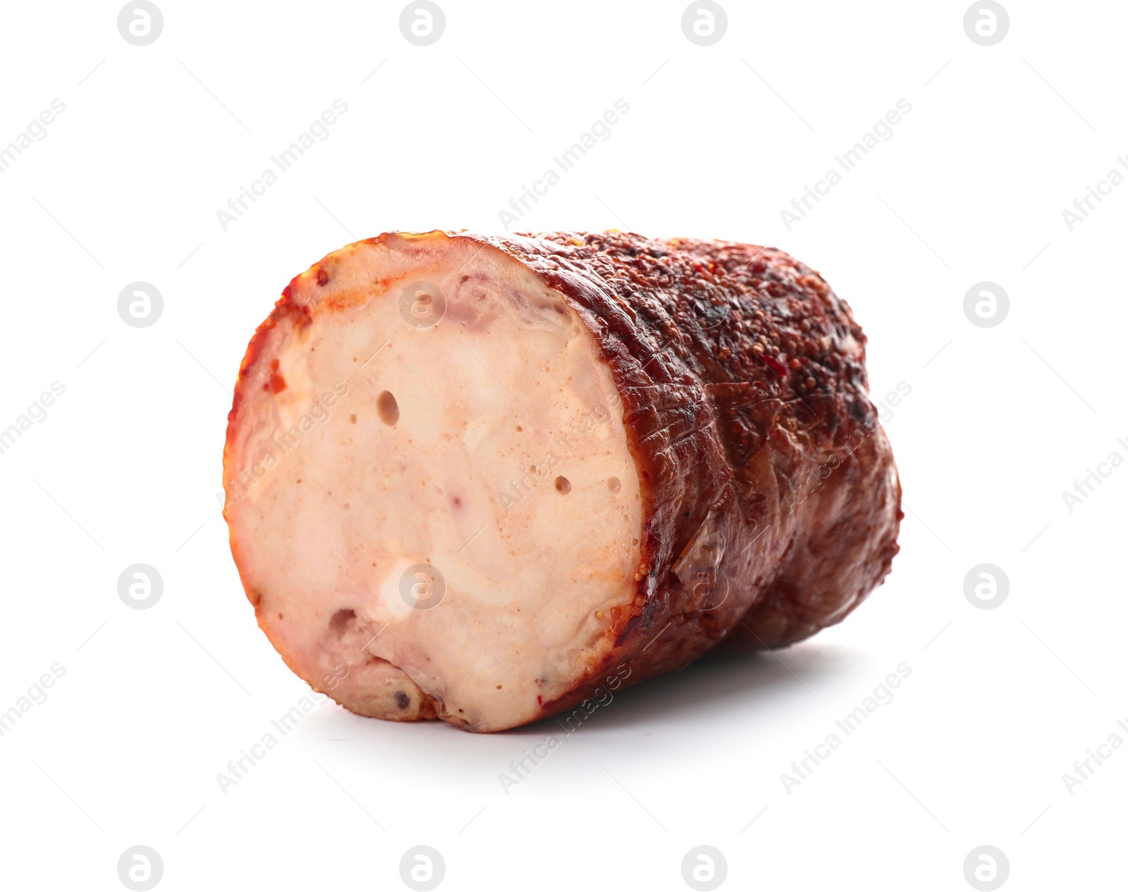 Photo of Cut ham on white background. Meat product
