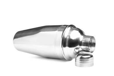 Photo of Metal cocktail shaker and cap on white background