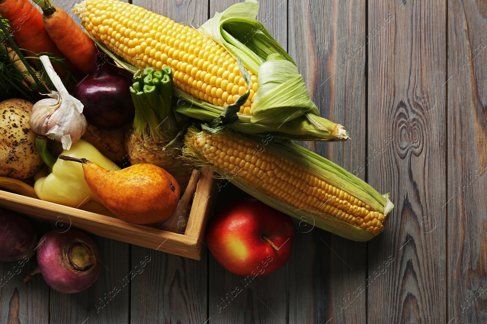 Photo of Different fresh vegetables with crate on wooden table, above view. Farmer harvesting