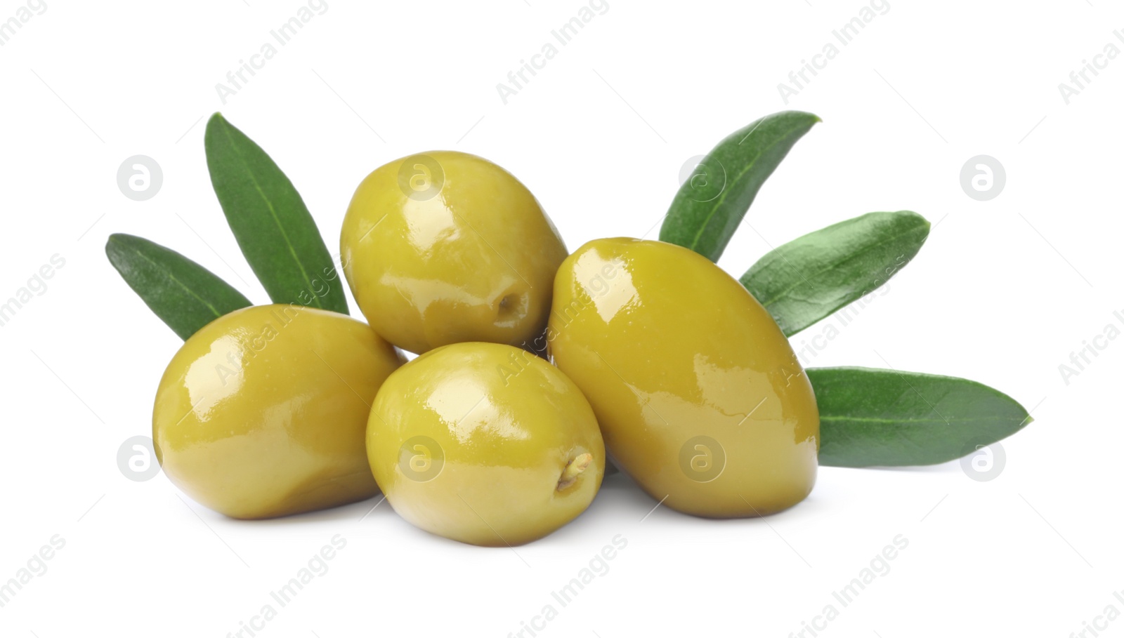 Photo of Delicious fresh green olives with leaves on white background