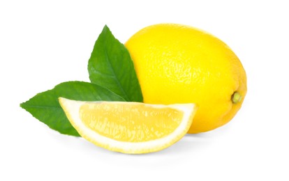 Photo of Fresh ripe lemon and juicy slice on white background