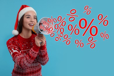 Discount offer. Woman in Christmas sweater and Santa hat shouting in megaphone on light blue background. Percent signs flying out of device