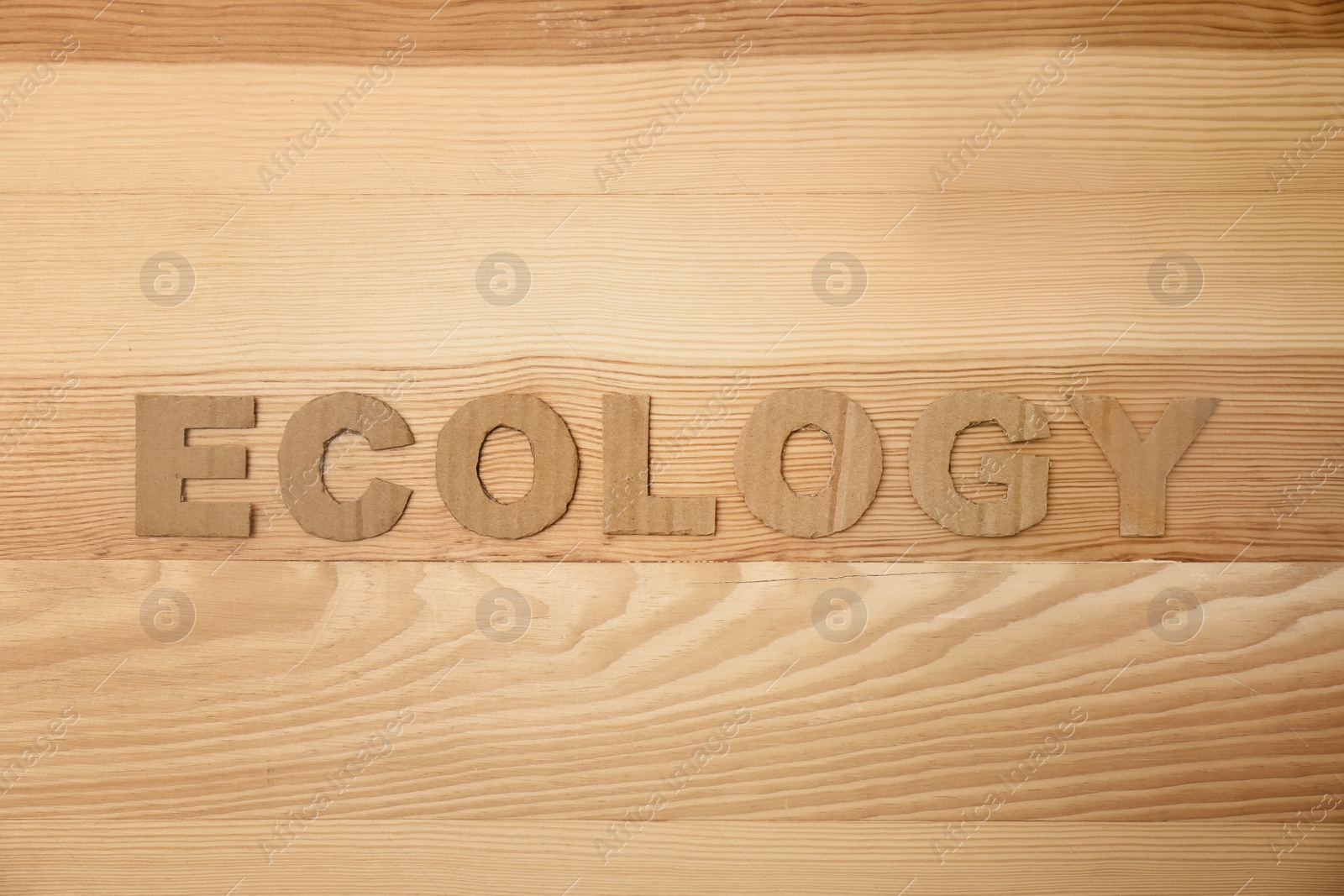 Photo of Word "Ecology" made of cardboard letters on wooden background, top view