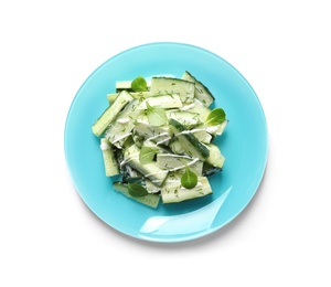 Photo of Plate with delicious cucumber salad on white background, top view