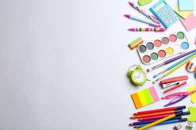 School stationery on white background, flat lay with space for text. Back to school