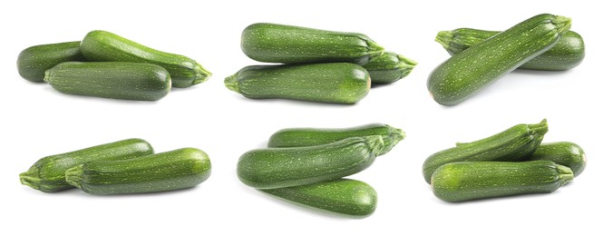 Image of Set of fresh ripe zucchinis on white background. Banner design