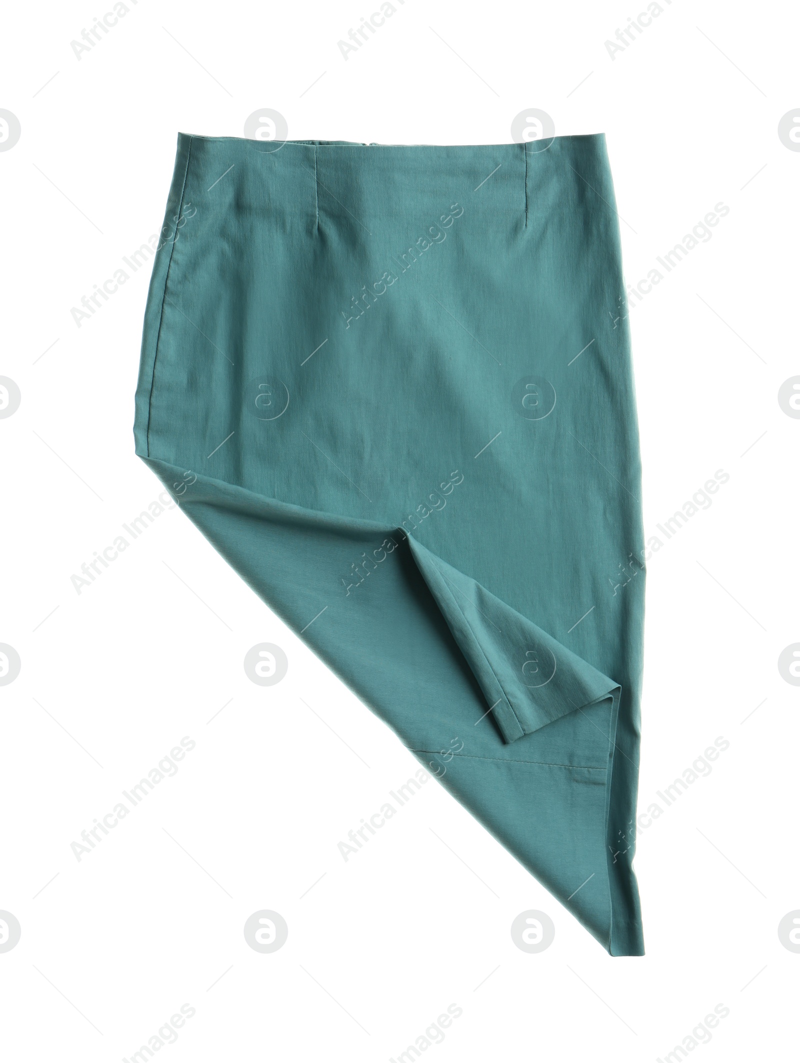 Photo of Rumpled blue skirt isolated on white. Messy clothes