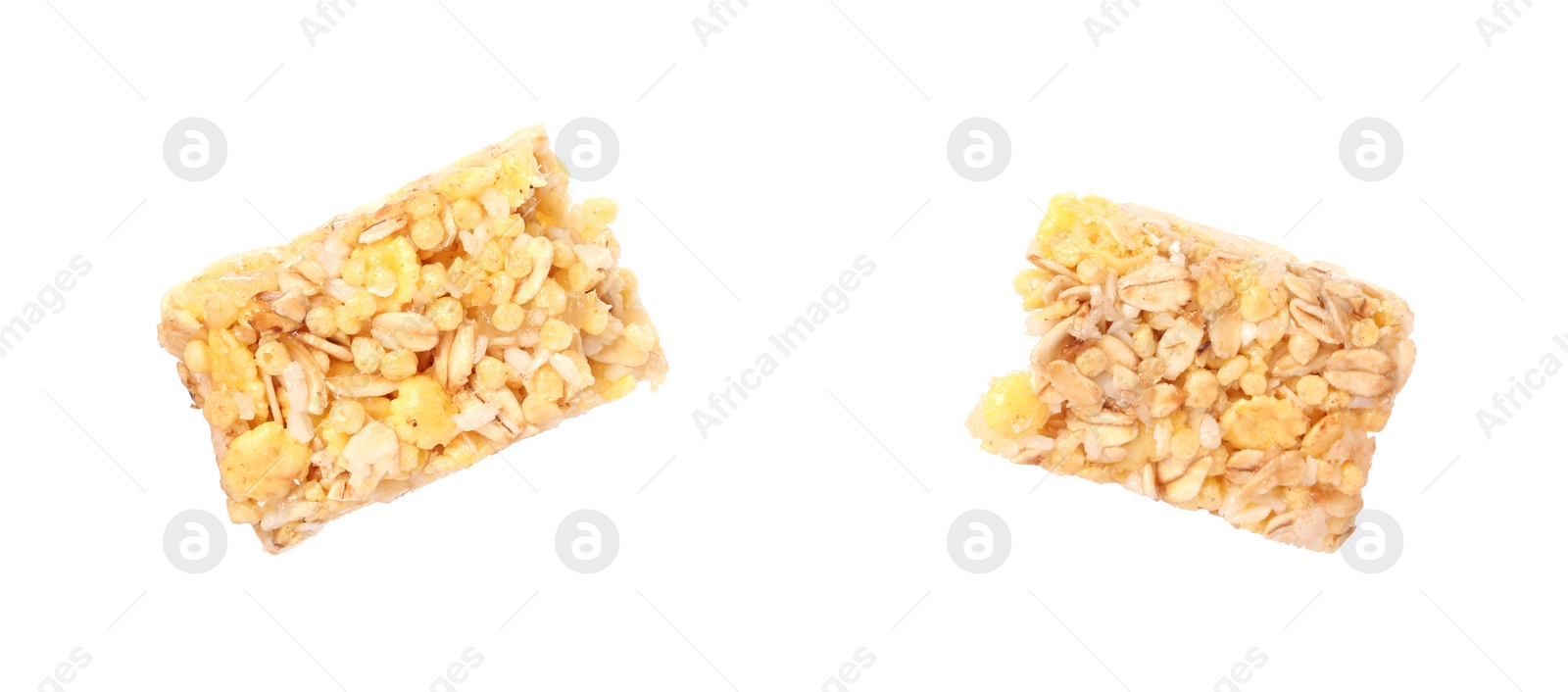 Photo of Pieces of tasty granola bar isolated on white