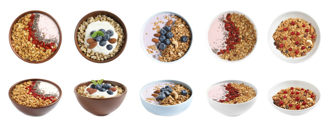 Image of Set of different granola breakfasts with berries on white background. Banner design