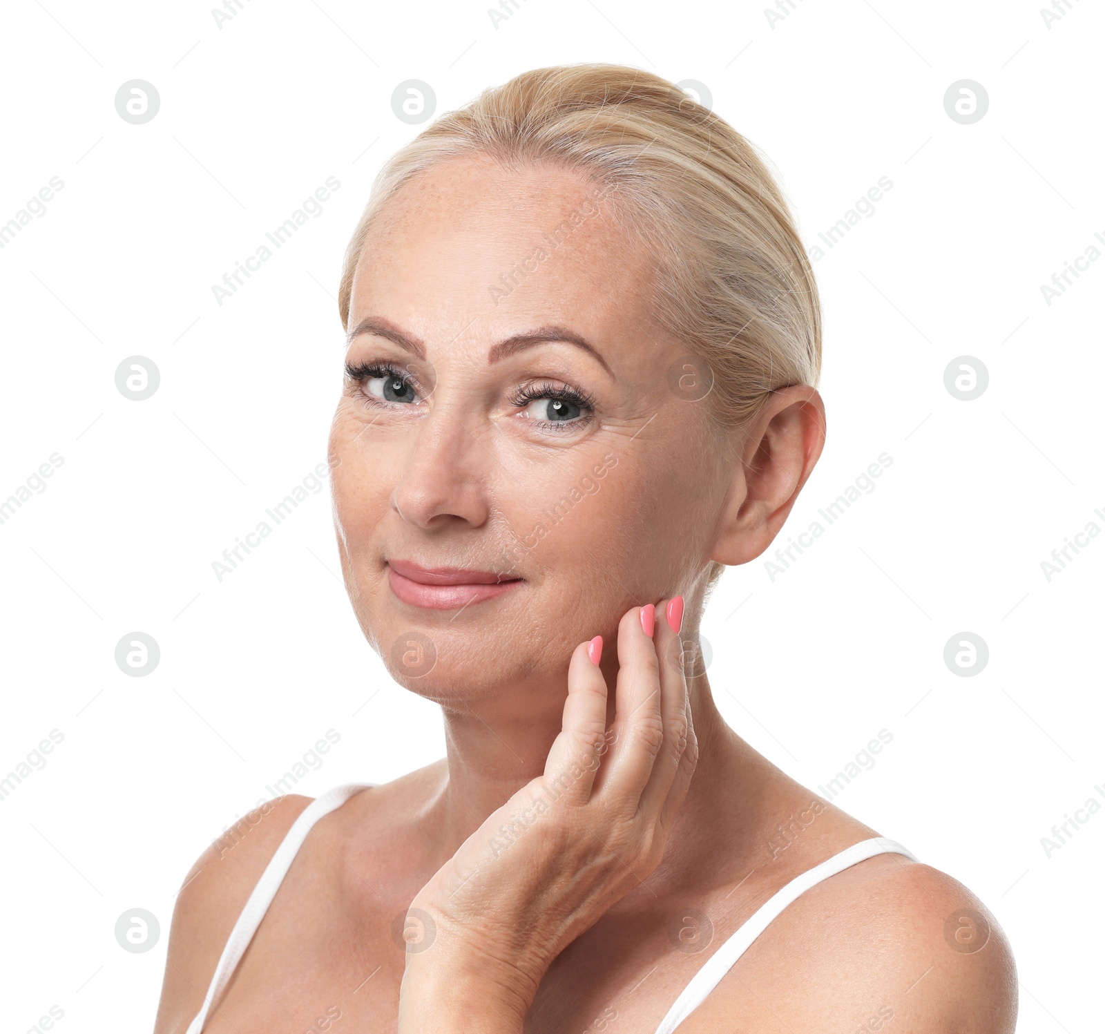 Photo of Portrait of beautiful mature woman with perfect skin on white background