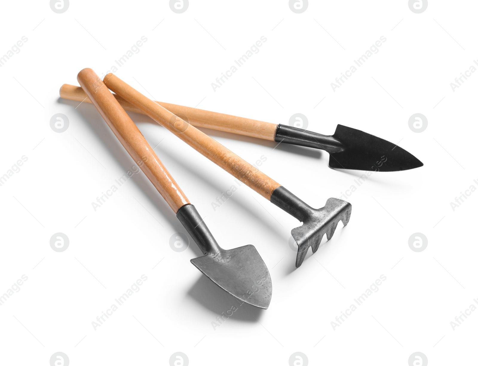 Photo of New rake and trowels on white background. Professional gardening tools