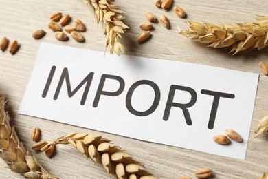 Photo of Card with word Import and ears of wheat on wooden table, above view