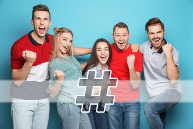 Image of Hashtag icon and group of happy people on light blue background